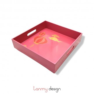 Pink square lacquer tray hand-painted with lantern 32*H9 cm